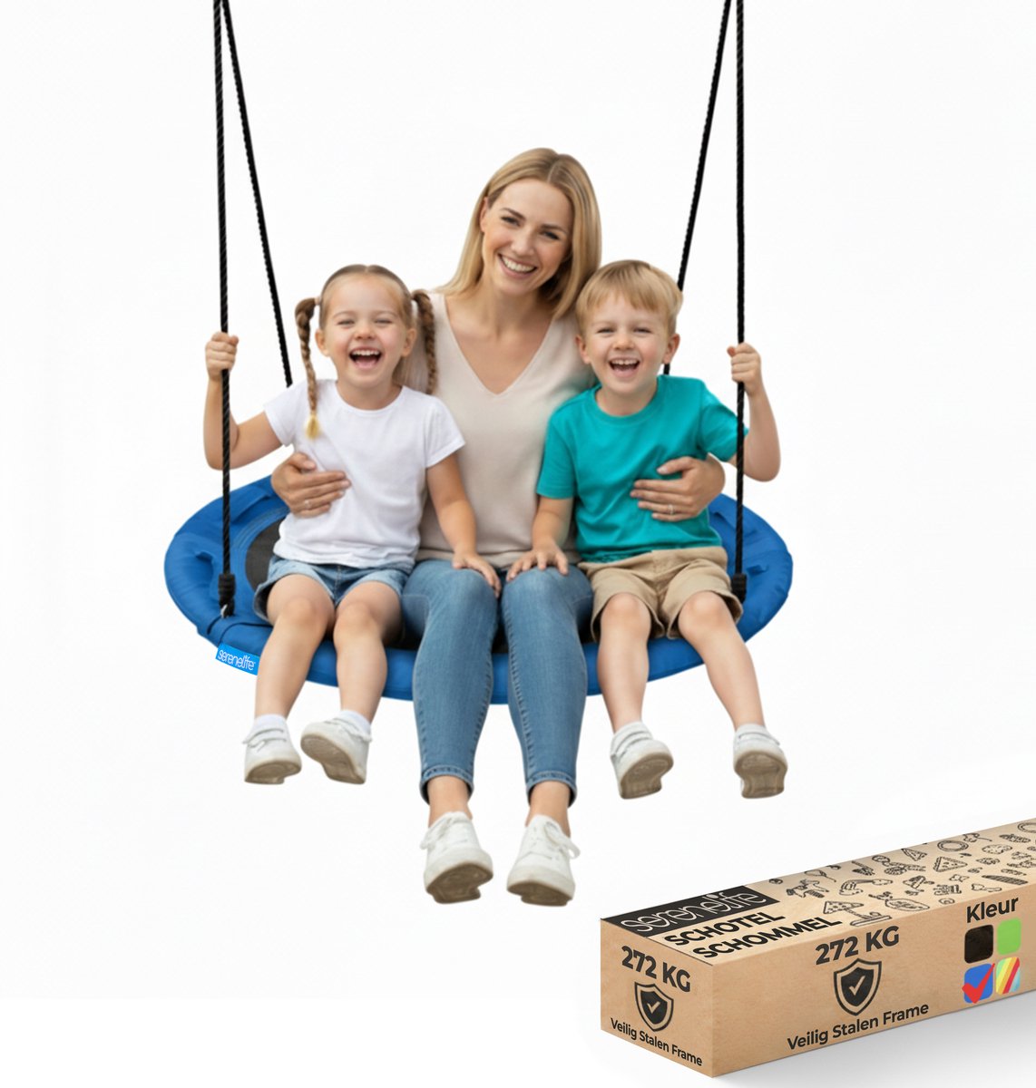 SereneLife Nestschommel met Boom Ophangset – 102 cm Buitenschommel – Inclusief Verstelbare Ophangbanden & 360° Draaischarnier – Weerbestendig – Voor Kinderen – Zwart