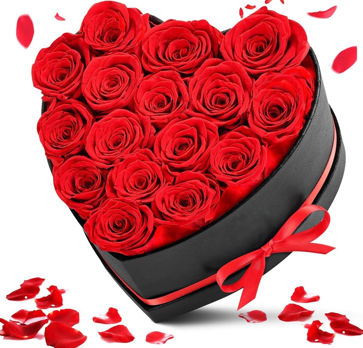 KZQ Cadeauverpakking met 16 hartvormige geconserveerde rozen - Eeuwige, echte en onsterfelijke geconserveerde rozen - Langdurige geur - Perfect cadeau voor verjaardagen, vriendinnen, moeders of echtgenotes, Valentijnsdag Rood