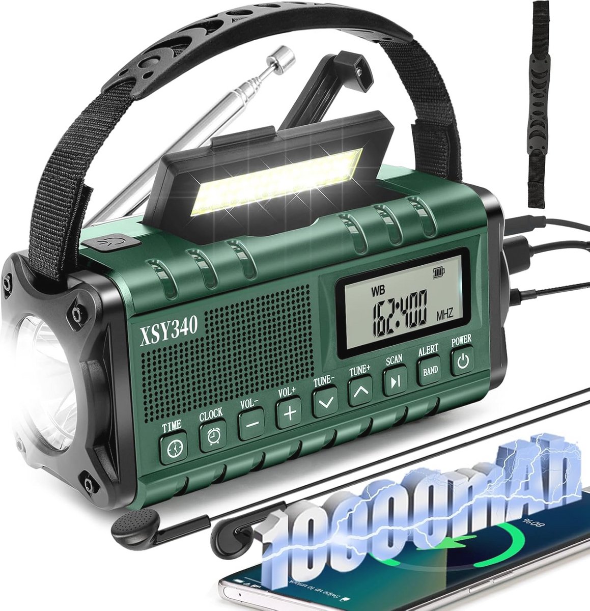 Draagbare Noodradio met Handcrank en Zonne-energie - AM/FM/WB NOAA Weeralarm, Oplaadbare 10000mAh Batterij, LCD Klok, LED Zaklamp & Leeslamp, SOS Survival Radio