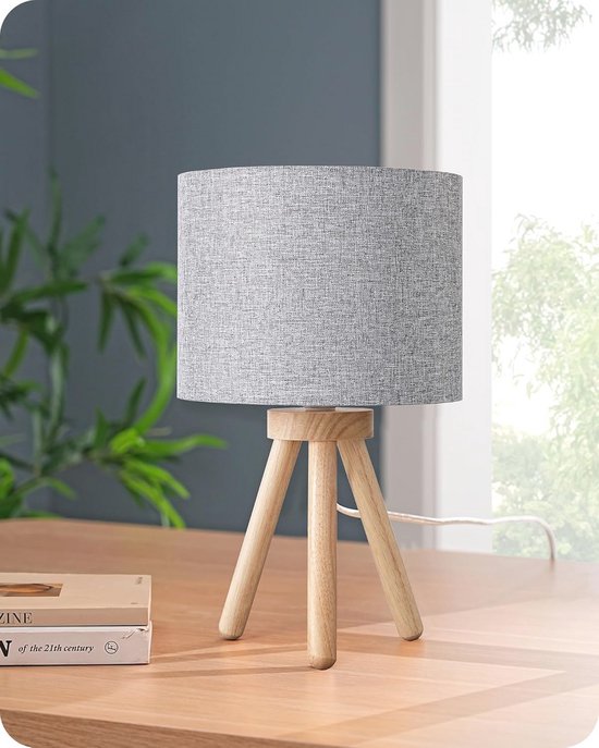 EDISHINE Houten Bedlampje Driepoot - Vintage Tafellamp E27 Wit Met Linnen Lampenkap - Sfeervol Voor Slaapkamer & Woonkamer