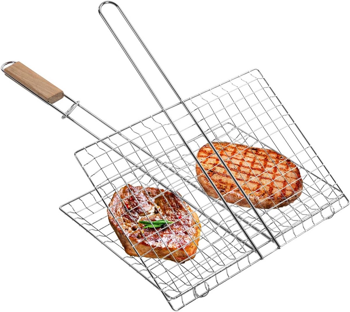 RVS BBQ Mand met Houten Handvat Geschikt voor Vlees Vis en Groenten