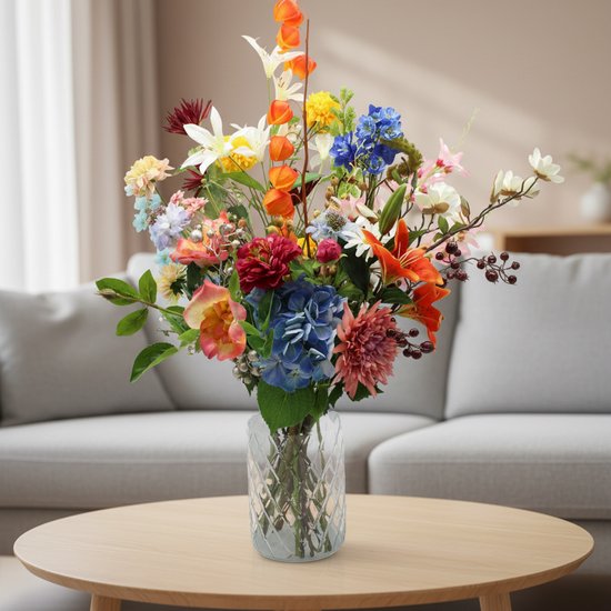 Bloemenjunkie - fleurs artificielles - Styling box - incluant vase avec 23 fleurs - fleurs de soie - fausses fleurs