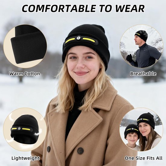 Jonge vrouw met warme katoenen muts met gele band en LED-verlichting.