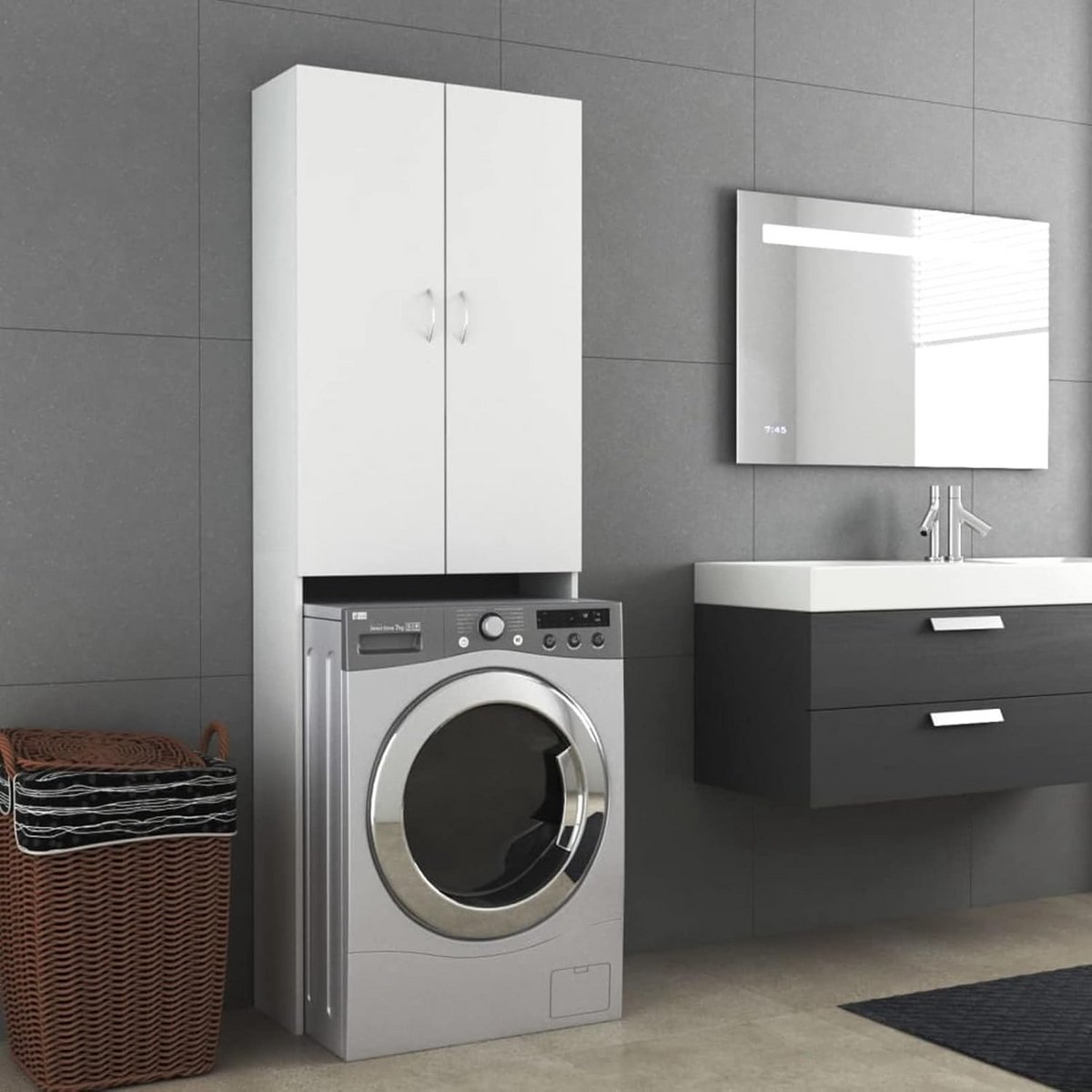 Wasmachinekast met Opbergruimte en 2 Deuren voor Boven de Wasmachine - Wit
