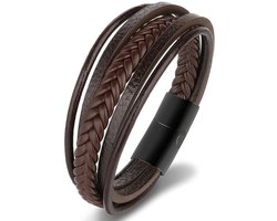Armband Heren - Bruin Leer met Zwarte Sluiting - Leren Armbanden - Kerstcadeaus - Kerst Cadeautjes voor Hem