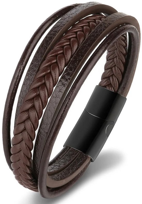 Armband Heren - Bruin Leer met Zwarte Sluiting - Leren Armbanden - Kerstcadeaus - Kerst Cadeautjes voor Hem
