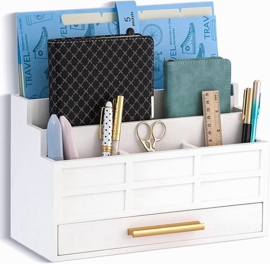 Catekro Bureau-organizer hout, bureau-tafel organisatie, multifunctionele lade voor kantoor, school, thuis (klein wit