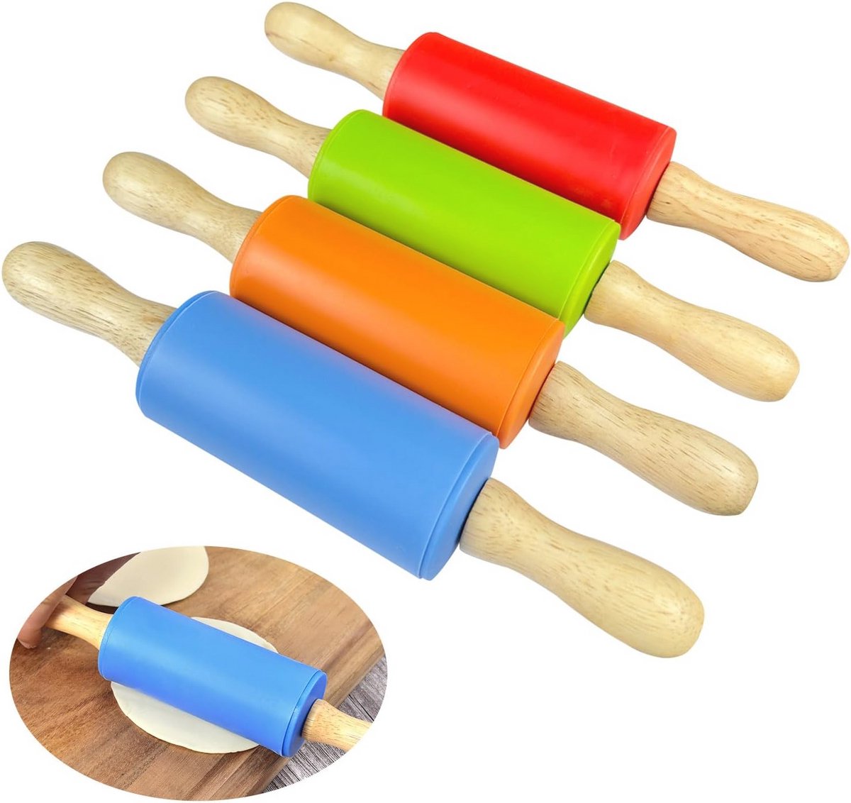 Set van 4 kinderdeegrollers - 22 cm silicone en hout voor bakplezier
