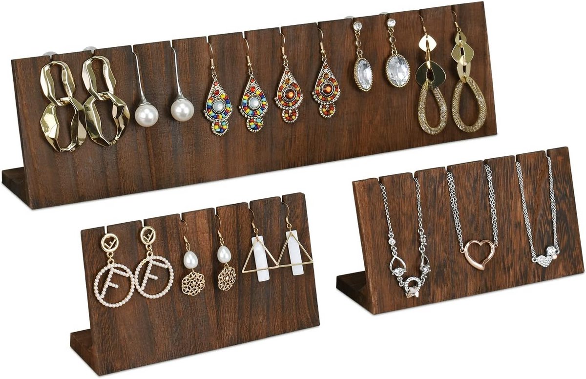 Set van 3 Houten Sieraden Display Standaards voor Oorbellen en Armbanden – Presentatiehouder