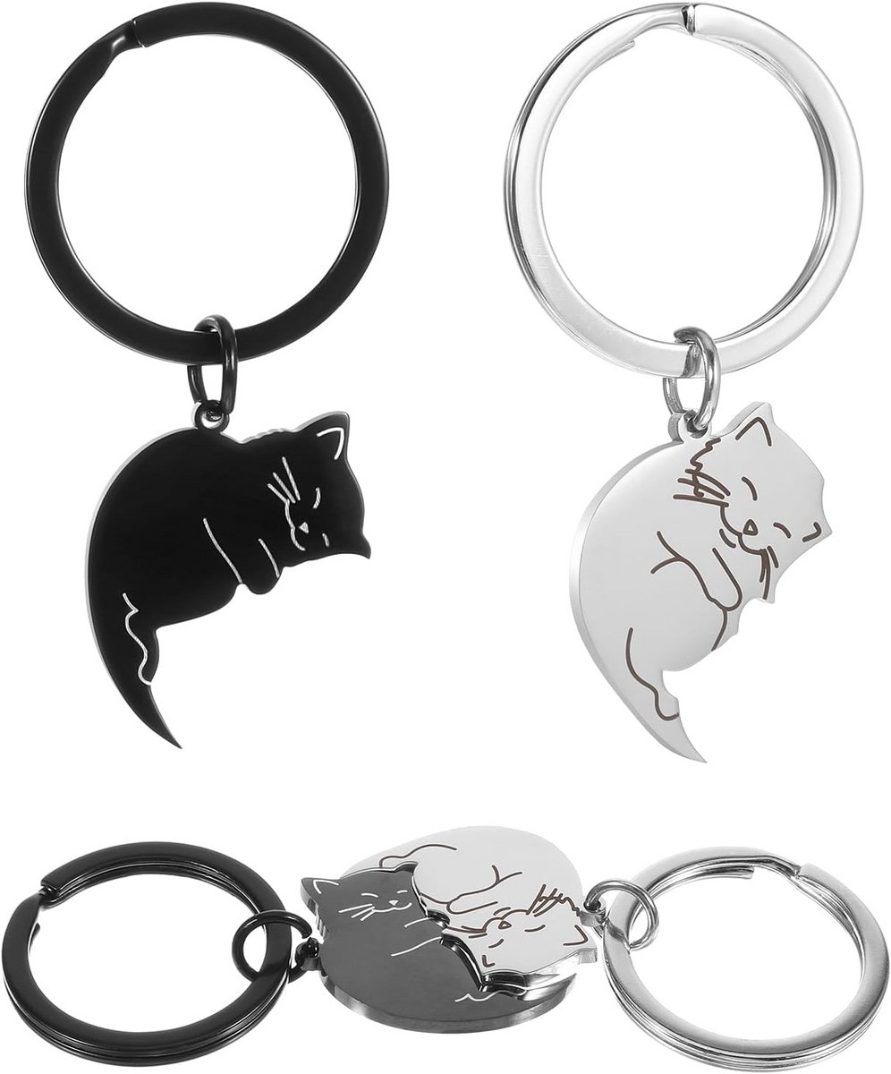 Set van 2 RVS Cadeau Sleutelhangers met Schattig Kattenontwerp voor Koppels en Vrienden