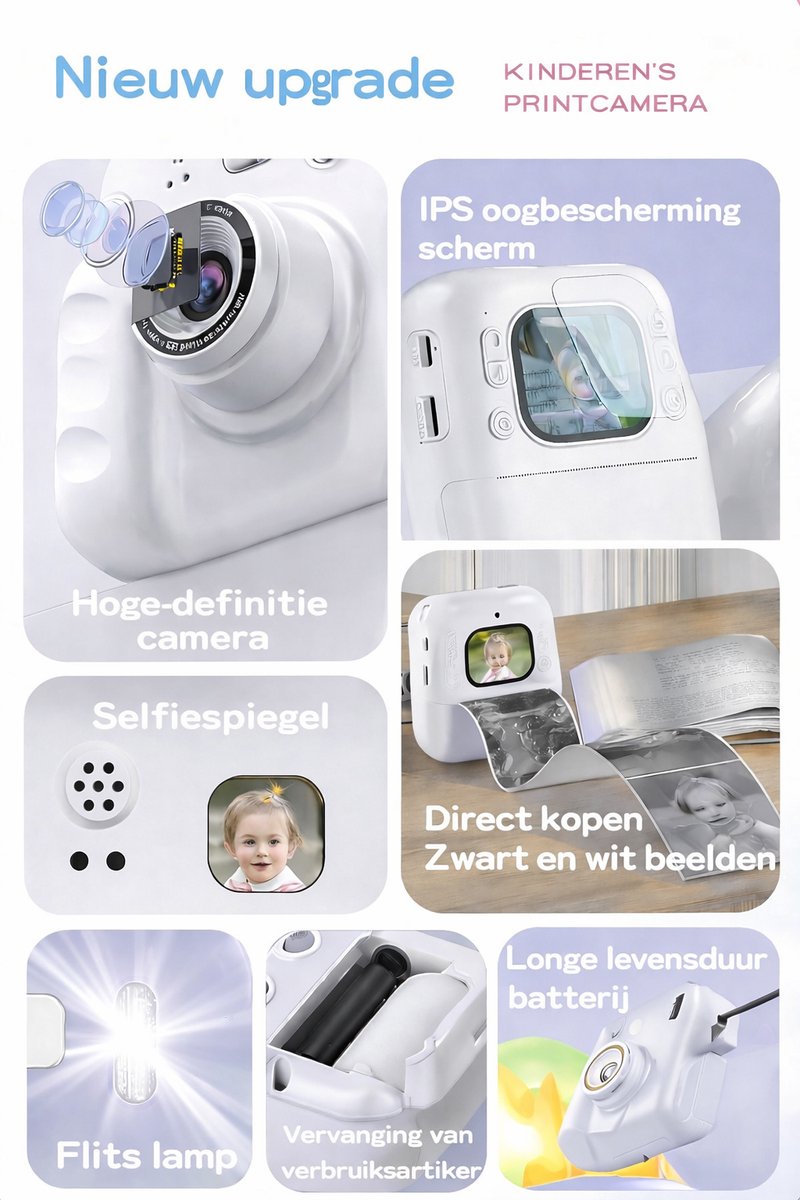 Jumalu Instant Camera – 2.4" HD Camera met Selfie Functie – 1080p – Inclusief 4 Rollen Fotopapier – Direct Print Camera voor Kinderen – Wit thumbnail 5