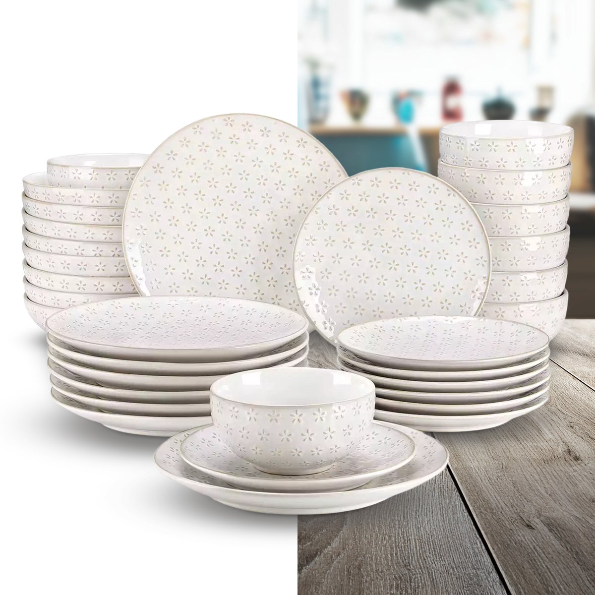 Luxe Serviesset – 32 delig – 8 persoons – Steengoed - Bordenset – Dinner platen – Dessertborden - Diepbord - komen - Antiekwit
