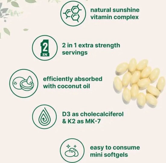 Verschillende iconen met tekst: 'natural sunshine vitamin complex', '2 in 1 extra strength servings', 'efficiently absorbed with coconut oil', 'D3 as cholecalciferol & K2 as MK-7', 'easy to consume mini softgels'. Een hoopje softgels.