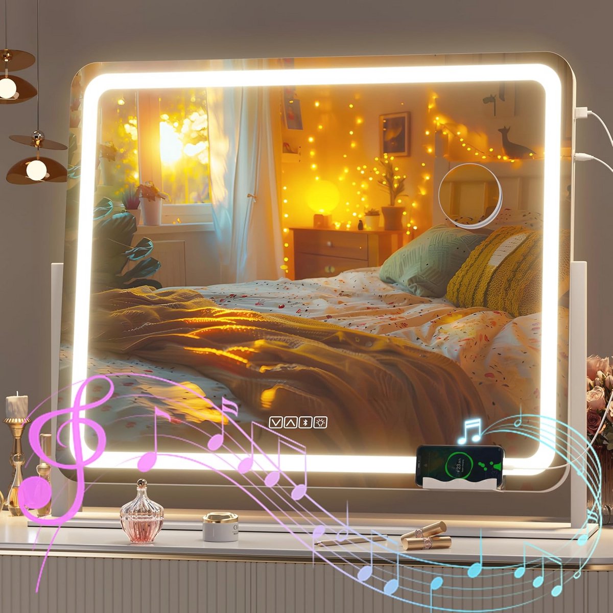 Make-upspiegel met Verlichting en Bluetooth-luidspreker - Dimbare LED Spiegel met 10x Vergroting en USB Oplaadpoort