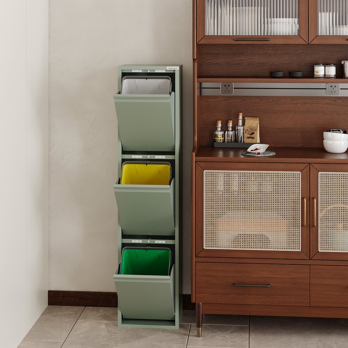 Prullenbak Afvalscheiding 45 Liter (3x15L) - 3 Vakken met Gedempte Klep - Groen | Veehaus® Monstera