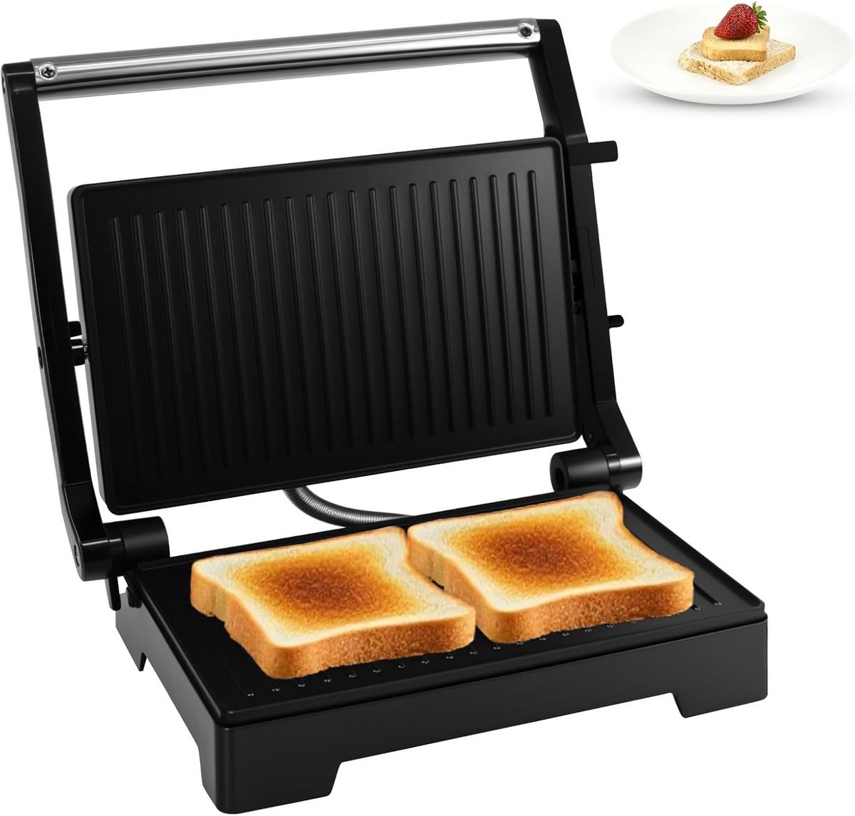 Contactgrill 1000 W met 180° opening, Panini-grill en Sandwichmaker, 23 x 15 cm anti-aanbaklaag, Gemakkelijk schoon te maken