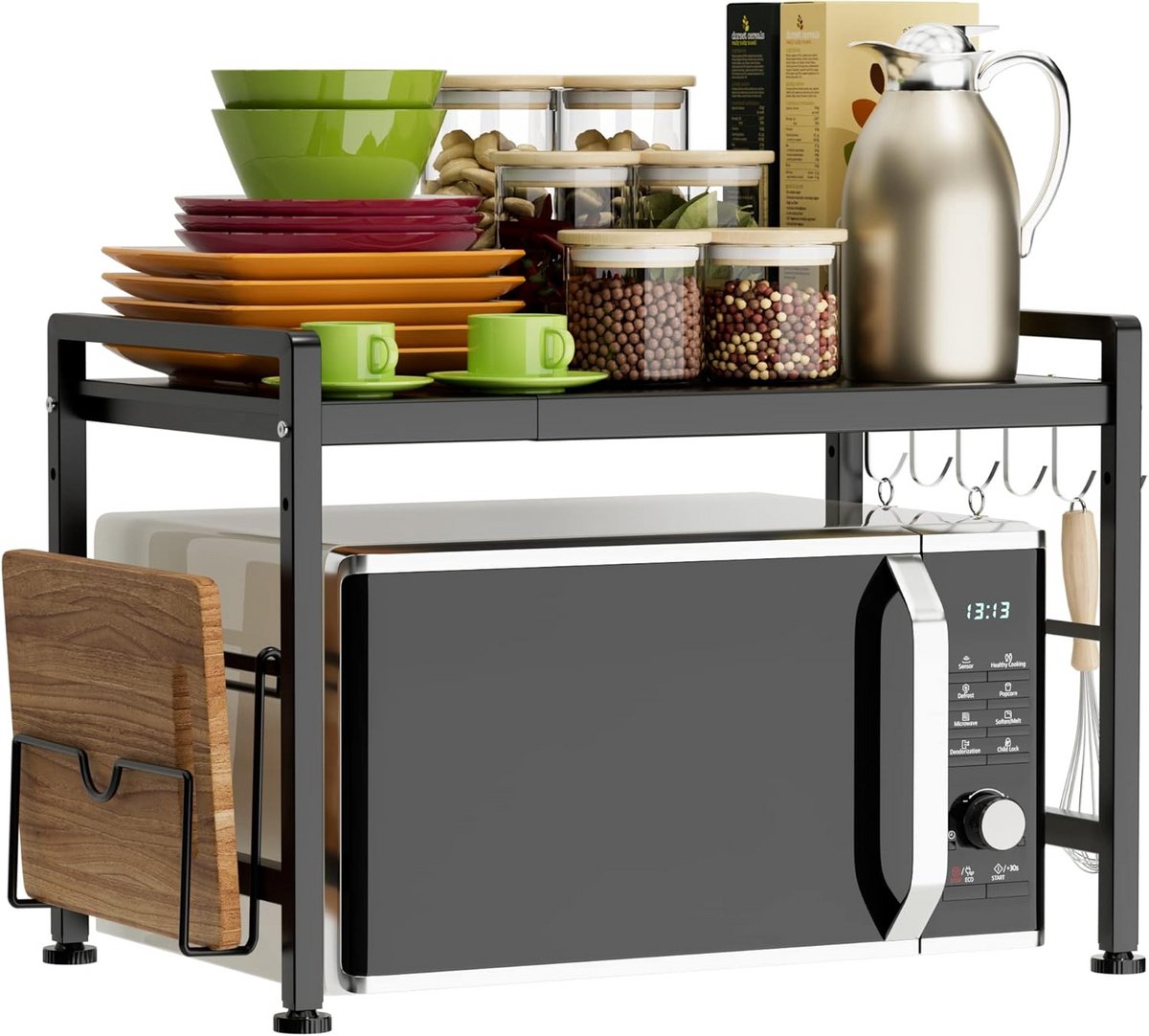 Uitschuifbaar Magnetronrek - Verstelbaar Aanrechtblad voor Keuken met 2 Niveaus en 6 Haken - Keukenorganizer (L15,7 ~ 23,6 inch x B 12,8 x H 17,7)