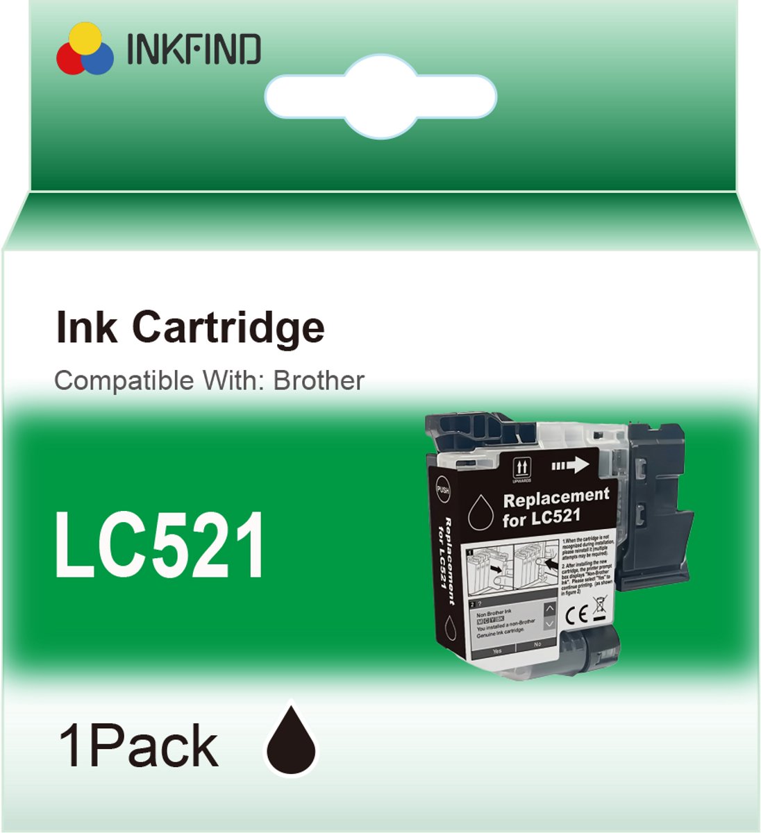 INKFIND LC521 Zwart inktcartridge compatibel met Brother LC521 LC-521 Zwart geschikt voor Brother DCP-J1260W/J1310DW/J1313DW/J1360DW/J1460DW - 1-pack Zwart