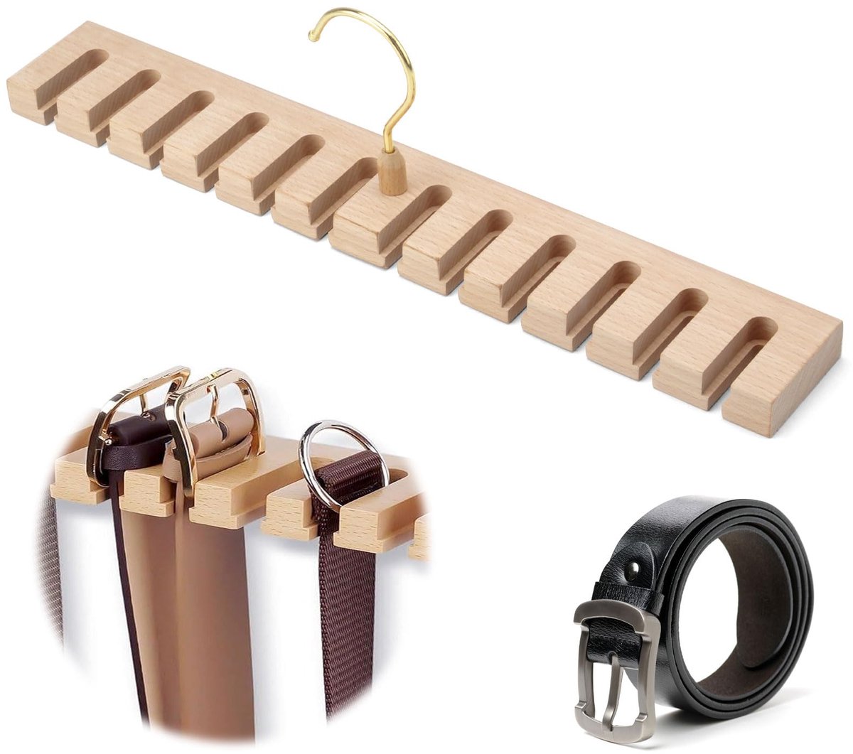 Belt Hanger for Closet, Wooden Belt Hanger, Tie Holder, 12 Slots, 360 Degree Rotating Belt Holder, Wooden Belt Holder, Wardrobe, Space Saving, Tie Holder, Scarves