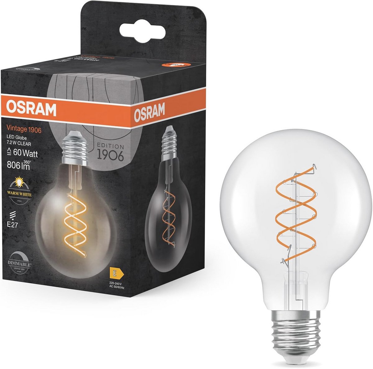 Dimbare Vintage LED-lamp in Bolvorm - 806 lm, Warmwit, E27 Fitting, 80 mm