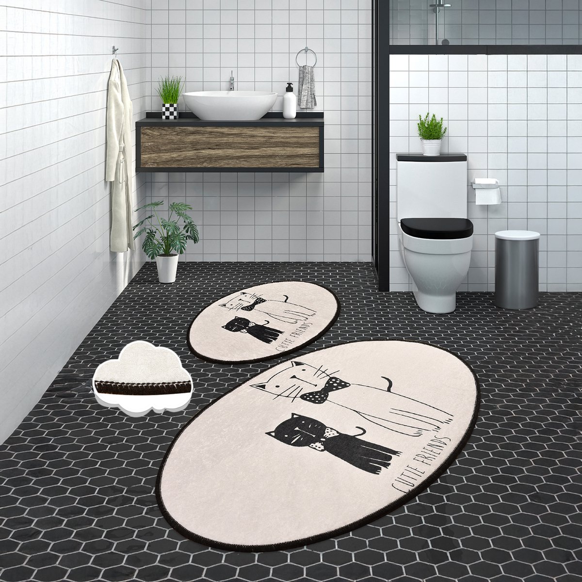 Bosdela Kleine kat ovaal 2-delige Wasbare, zachte en comfortabele badmatten, toiletmatten en badkleden zijn ideaal voor de badkamer en het toilet 60x100 cm + 50x60 cm