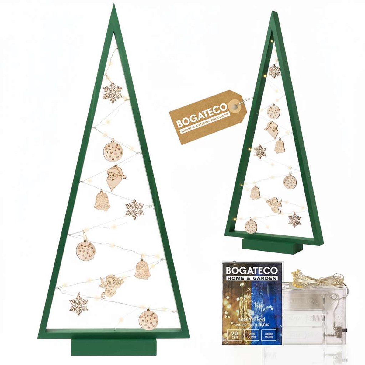 BOGATECO Kerstboom van hout met LED 104cm hoog grijs | Inclusief houten decoratie | Kerstversiering | 100 LED's | Groente