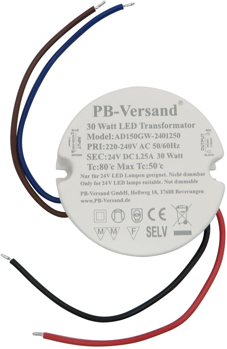 LED transformator 30 Watt 24V DC voor ronde lampen