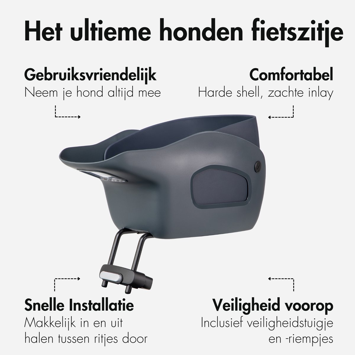 Kvisp® - Fietsmand voor Honden Voorop - Midnight Gray - M Harnas - Voor honden tot 12kg - Ook geschikt voor Elektrische Fietsen - Hondenmand Fiets - Veiligheid Voorop - Bekroond ontwerp – foto 2