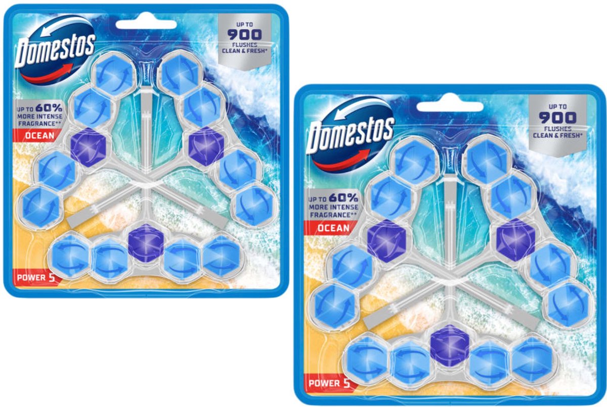 Domestos Power 5 Ocean WC Blokjes - 2 Pack - 6 x 50g - Bestrijdt Kalkaanslag en zorgt voor Hygiene en Frisheid tot 900 Spoelingen - WC Blokjes Voordeelverpakking - Toilet Blokjes