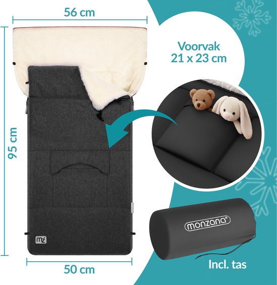 Dimensions du sac de couchage bébé Monzana. 95x50cm, poche avant 21x23cm. Noir avec doublure crème.