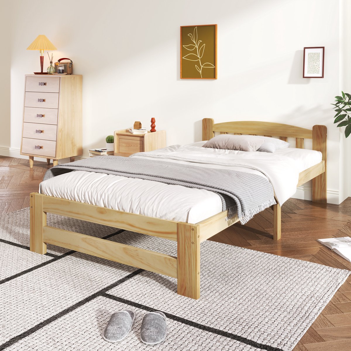 Wishdor Massief Houten Eenpersoonsbed (90x200 cm) - Scandinavisch Bedframe met Lattenbodem - Grenenhout - Naturel