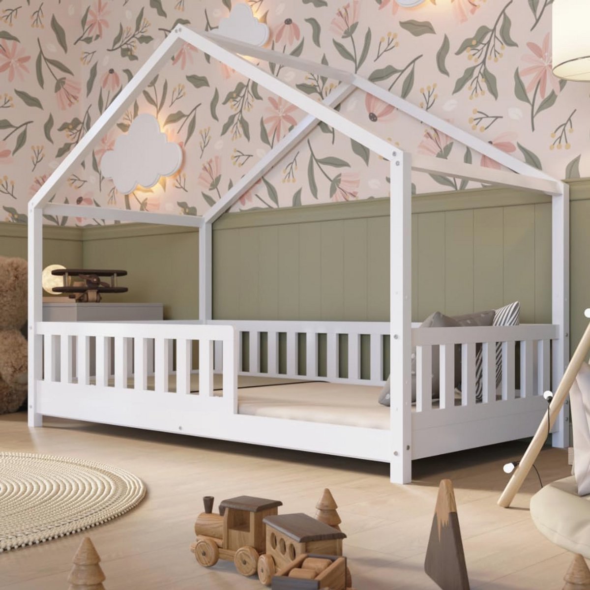 Wit Houten Kinderbed 200x90 cm – Montessori Vloerbed met Hoogte Verstelbare Poten en Verwijderbare Barrière