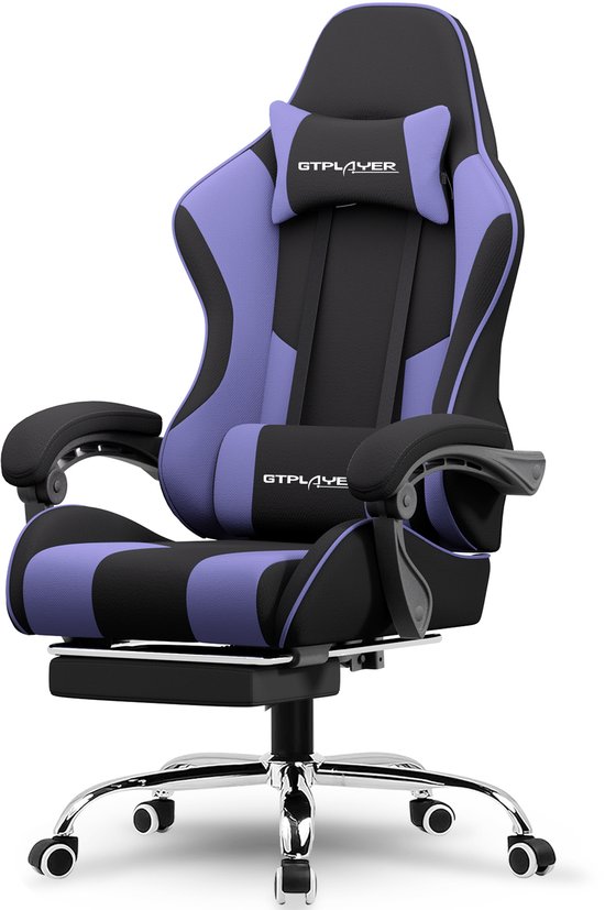 Chaise Gaming, ergonomique, chaise de bureau, avec dossier réglable à 135 degrés, hauteur ajustable, pieds rétractables, tissu Violet