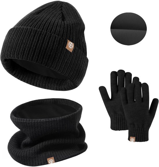 Kinder winter gebreide handschoenen, muts en sjaal driedelige set - outdoor warme muts driedelige set - kinder warme en zachte winter muts - fleece binnenhandschoenen - ronde sjaal - winter muts set - geschikt voor kinderen van 2-8 jaar