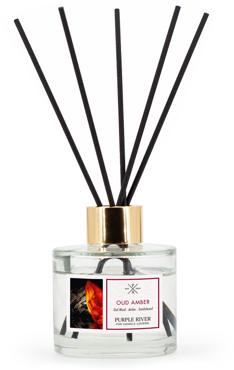 Purple River Candle Geurstokjes - oud en amber - met rietstokjes
