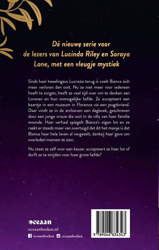 Achterkant boek met tekst over de serie 'De Toscaanse zussen' en een villa met wijngaarden.