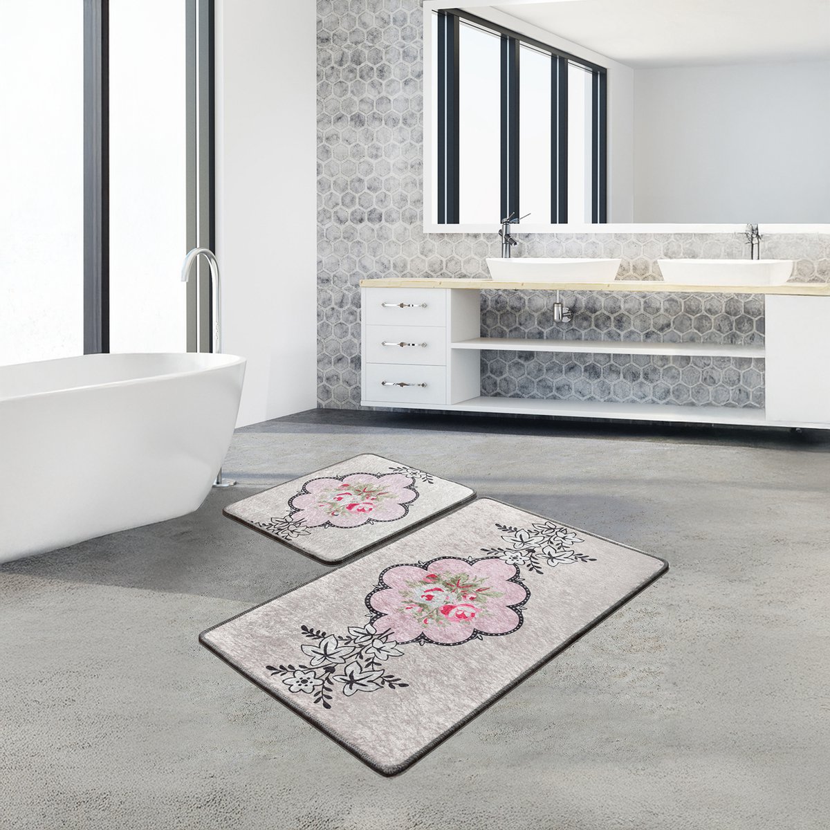 Bosdela Rosas 2-delige Wasbare, zachte en comfortabele badmatten - toiletmatten - ideaal voor de badkamer en het toilet 60x100 + 50x60 cm
