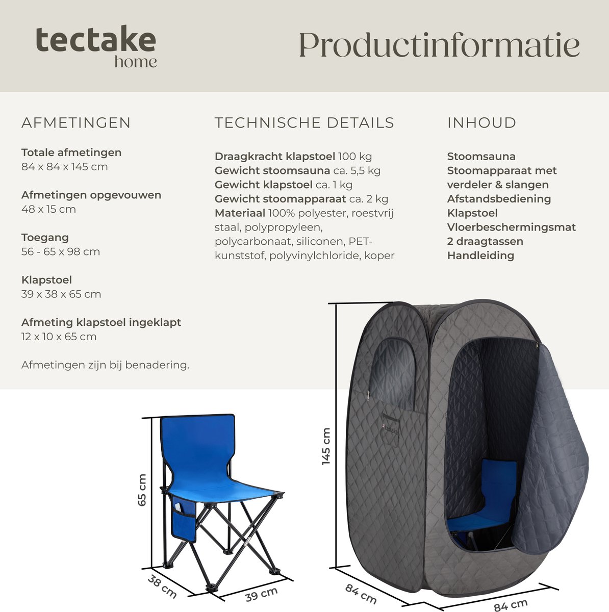 tectake® Mobiele Sauna ThermaLuxe I - Draagbare Stoomsauna - Stoomcabine met 15 Temperatuurstanden en Timerfunctie - Inclusief Afstandsbediening, Mat, Stoel en Draagtassen - Met Stoomverdeler voor Olieën en Geuren thumbnail 5