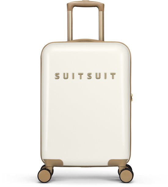 Witte SUITSUIT handbagage koffer met gouden details en handvat.