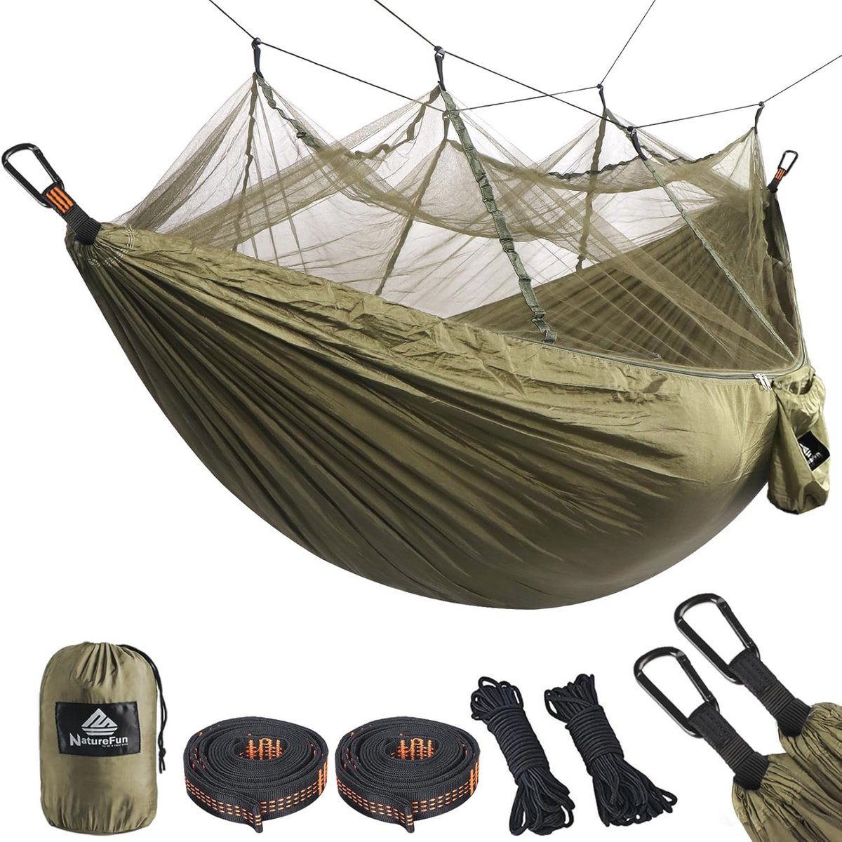 Insectenwerende Reis Hangmat met Muggennet – Ultralicht en Compact – 300 kg Draagvermogen (275 x 140 cm) – Ademend en Sneldrogend Parachute Nylon – Inclusief 2 Premium Karabijnhaken