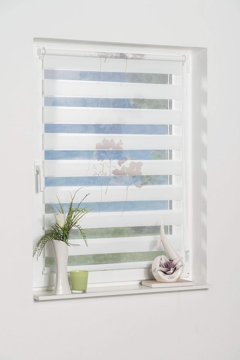 Dubbel Rolgordijn Klemmfix 40 x 150 cm zonder boren - Design Bloem Petrol-Grijs