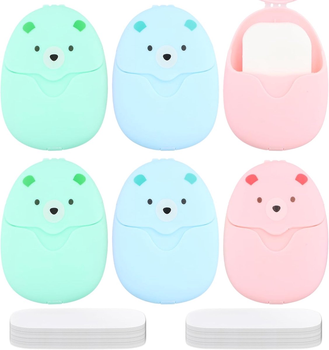 Travel Paper Soap Petals - Mini Portable 6 Boxes with 100 Pack Refill Soap Tablets voor Camping en Outdoor activiteiten (Pink, Blue, Green)