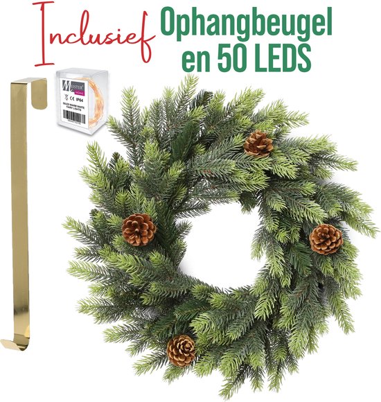 Meisterhome Kerstkrans 50 cm - Inc. Gratis 50 LED lapjes - Goude Ophangbeugel voor het oppimpen van je eigen kerstkrans - Kerst krans geschikt voor binnen en buiten