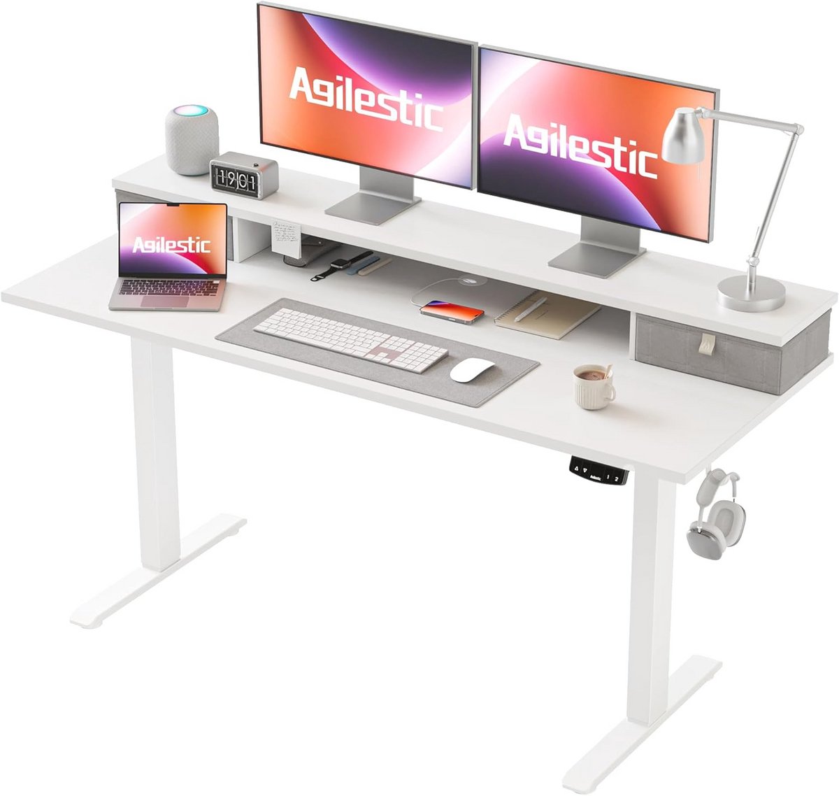 Verstelbaar Bureau met Twee Laden, 140 x 60 cm, Elektrische Computer Tafel met Geheugenfunctie, Kantoor en Thuis Bureau, Wit