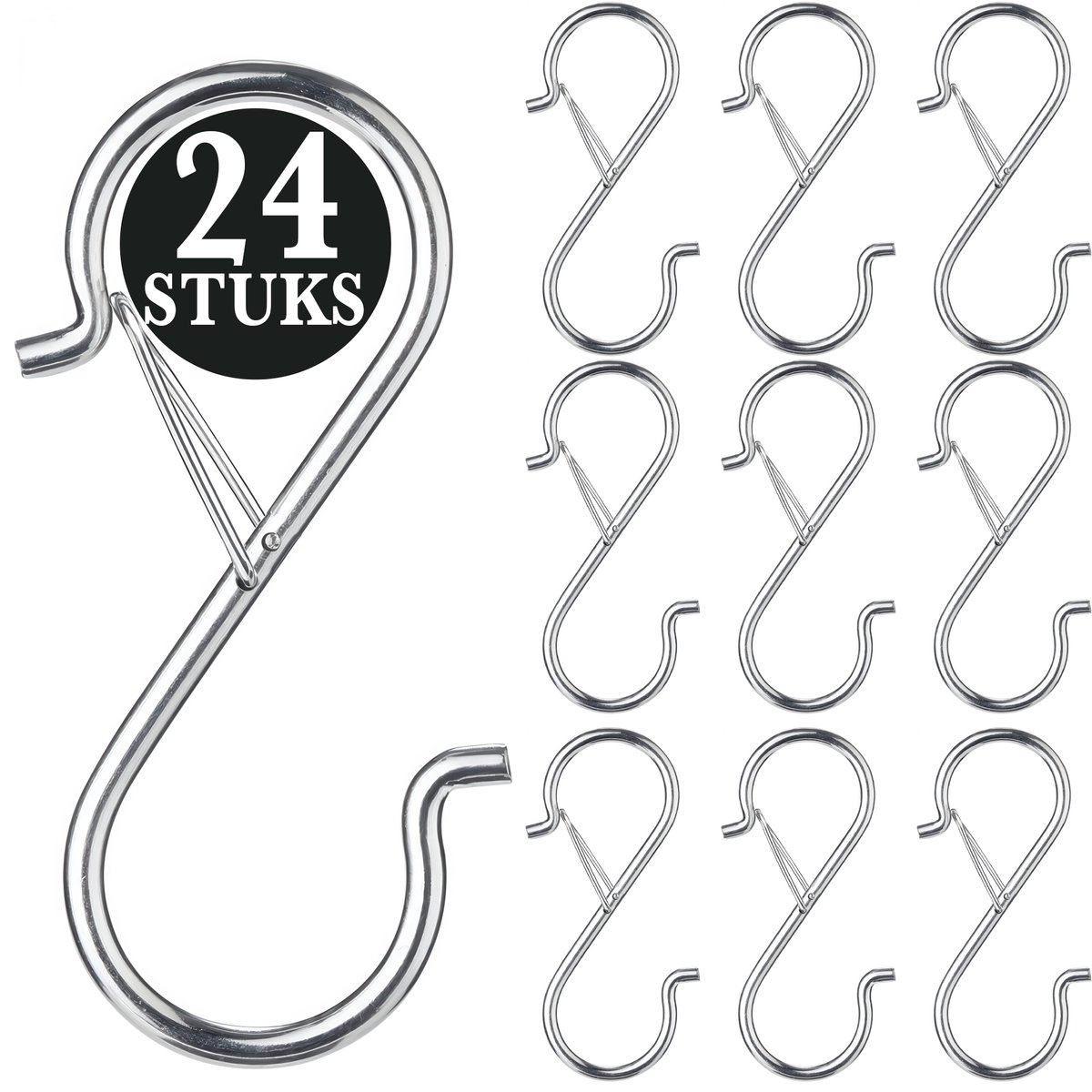 24 Stuks Zilver Metaal S Haken met Veiligheidssluiting - 10cm Lengte - Ophanghaken - Haakjes voor Keuken, Badkamer & Tuin - Kledinghangers - Jashaak Hangers - Handdoekhaakjes - Keukengerei Organizer Haak - Kapstok S-haken - Vleeshaken - Muurhaak
