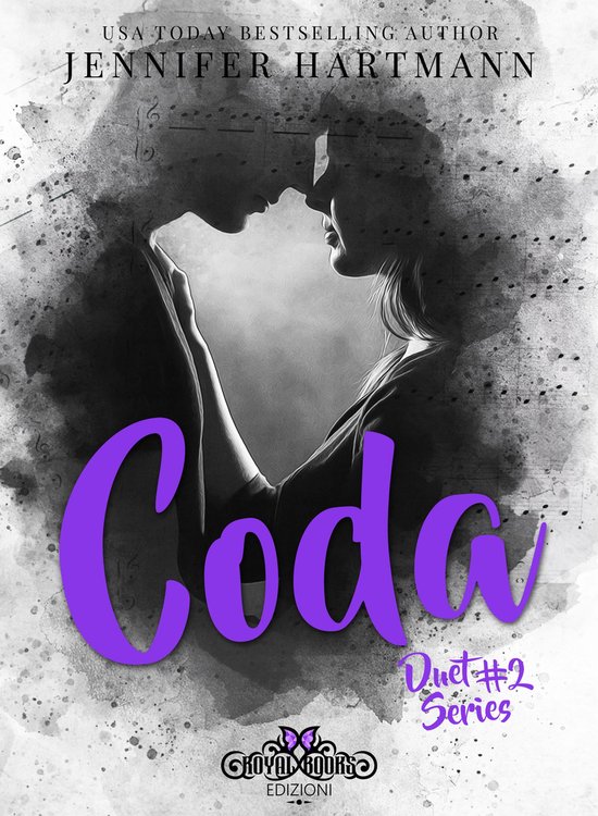 Boekomslag met de titel 'Coda' en 'Duet #2 Series' in paarse letters. Silhouetten van een koppel kijken elkaar aan.