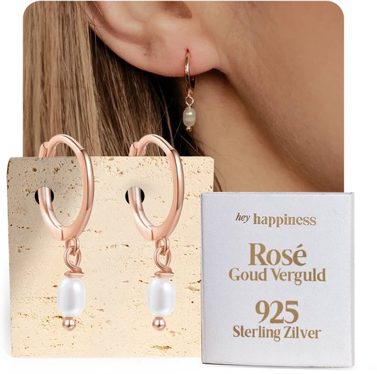 Boucles d'oreilles Hey Happiness Pearl Huggie pour femme, Argent 925, perle d'eau douce, or rose