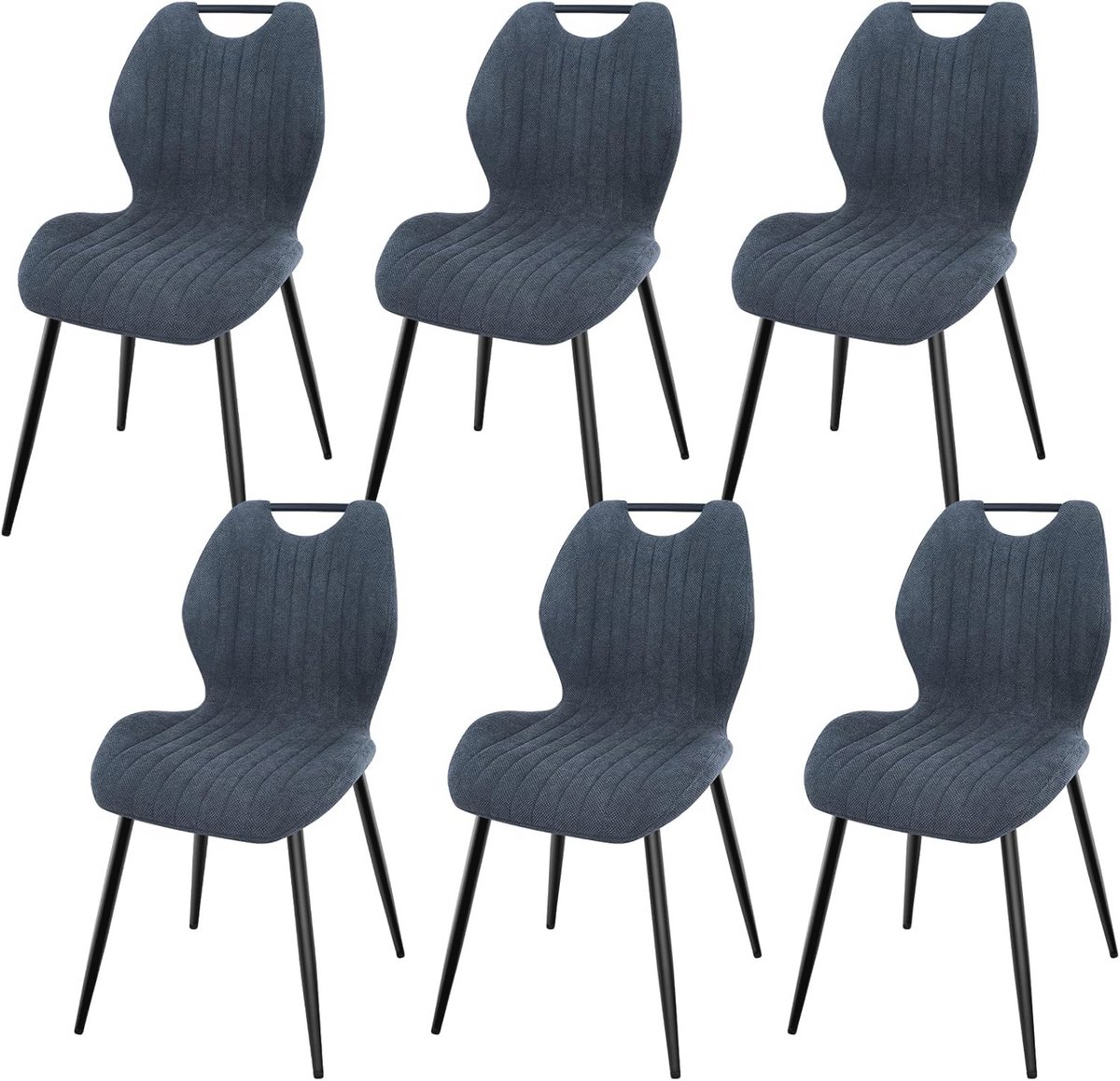 Set van 6 gestoffeerde eetkamerstoelen met hoge rugleuning en zwarte metalen poten