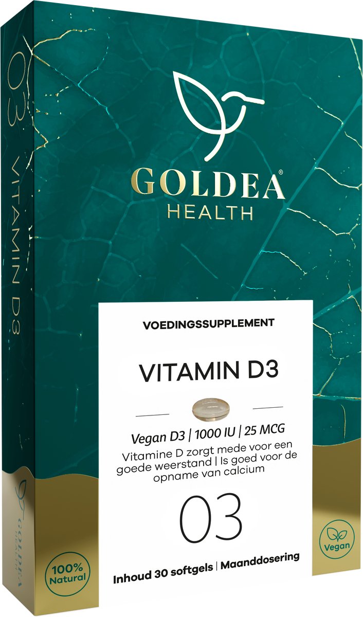 Goldea Health Vitamin D3 - Vegan - Voedingssupplement - 1000 IU (25 mcg) - 30 softgels - Maanddosering