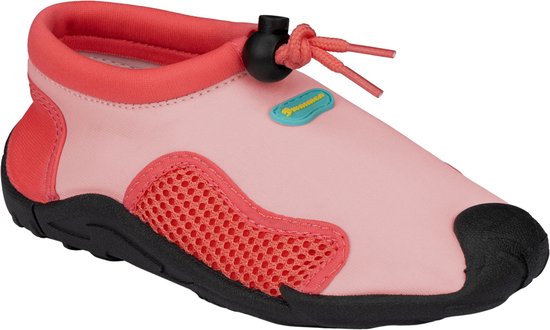 Roze waterschoen met koraalrode details, mesh inzetstukken en zwarte zool.